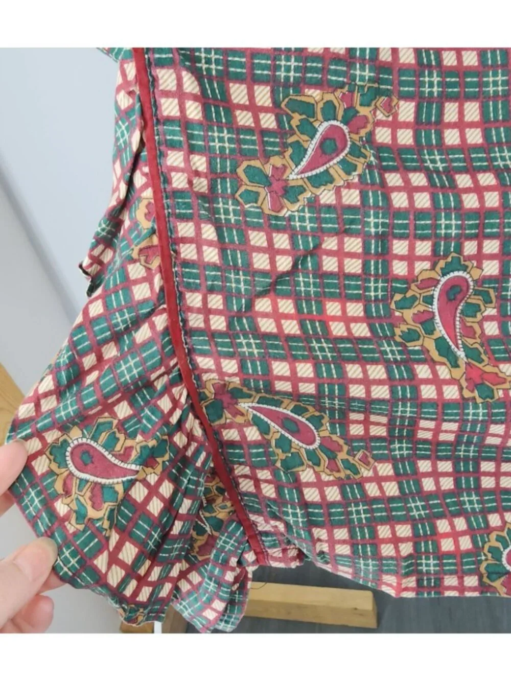 Vintage Hunter Green Maroon Red Ruffle Flat Sheet Full 78x80 Paisley Check Plaid